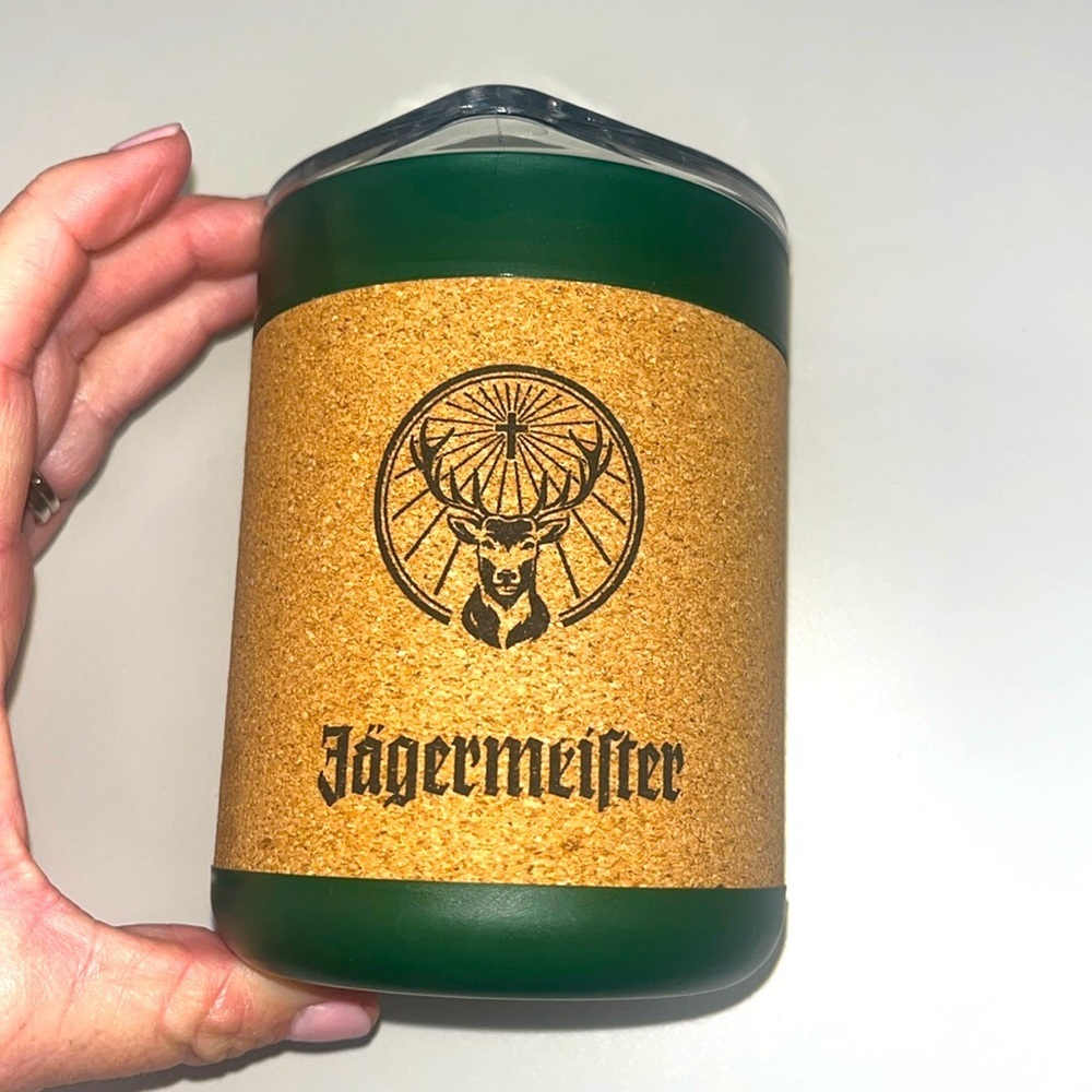 Jagermeister cork, plastic cup cooler with lid small green in color